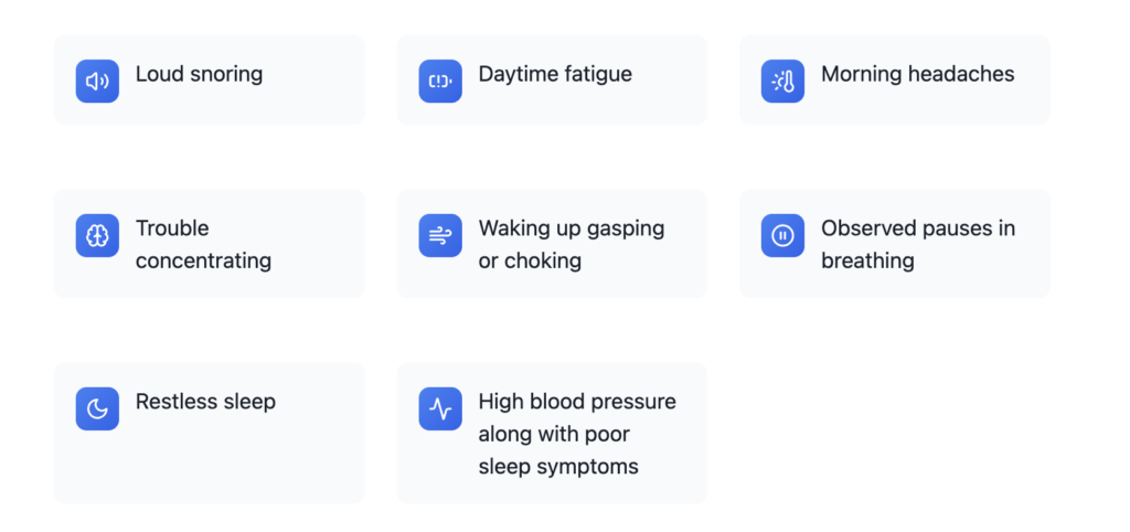loud snoring daytime fatigue morning headaches trouble concentrating waking up gasping or choking observed pauses in breathing restless sleep high blood pressure along with poor sleep symptoms